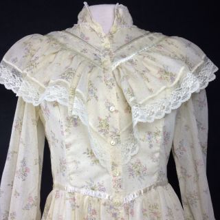 Vtg Jessica Gunne Sax Boho Prairie Dress Small Ivory Floral Lace Trim High Neck