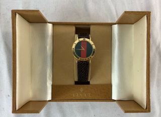 Gucci 3000.  2 M 10m Gold Plated Leather Band Unisex Watch Rare W/ Battery