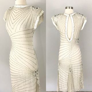Vintage 1920s Hollywood Silk Beaded Dress Evening Gown Ivory Size 4
