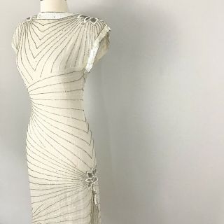 Vintage 1920s Hollywood Silk Beaded Dress Evening Gown Ivory size 4 5