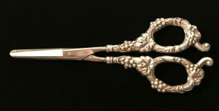 Antique Ornate Art Nouveau Repousse Sterling Silver Grape Vine Shears Scissors