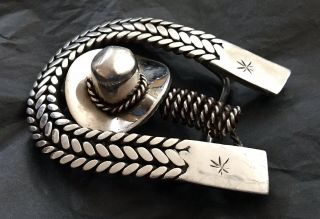 VTG Stainless Steel Hand Made BRAIDED HORSESHOE & COWBOY HAT Western Belt Buckle 2