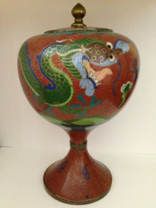 Antique Vintage Asian Chinese Cloisonne Enamel Double Dragon Temple Jar