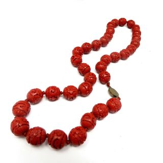 NYJEWEL Vintage Antique 15mm Hand - Carved Lacquer Cinnabar Necklace 26.  5 Inches 2