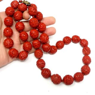 NYJEWEL Vintage Antique 15mm Hand - Carved Lacquer Cinnabar Necklace 26.  5 Inches 3
