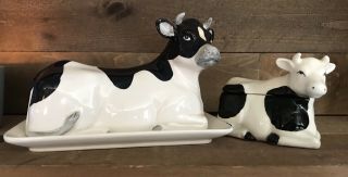 Vintage Otagiri Cow Ceramic Covered Butter Dish And Covered Sugar Dish