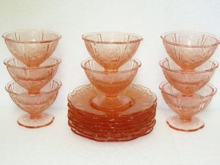 8 Vintage Pink Cherry Blossom Sherbets And Liner Plates / Jeannette Glass Co