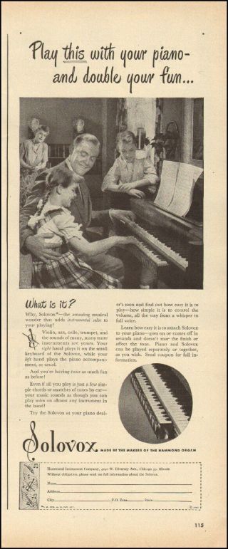 1947 Vintage Ad For Solovox`the Hammond Organ`retro Scene Piano (030717)
