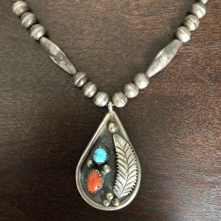 Vintage Navajo Sterling Silver Pendant Necklace Turquoise Coral Bead Betty Paul