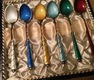 Six Vintage Ela Denmark Sterling Silver Multi Colored Enamel Sea Shell Spoons