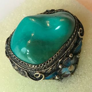 Antique 1920 ' s Chinese Turquoise and Enamel Vermeil Ring Adjustable Size 2