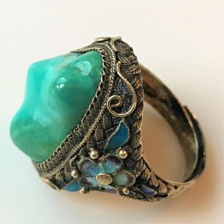 Antique 1920 ' s Chinese Turquoise and Enamel Vermeil Ring Adjustable Size 3