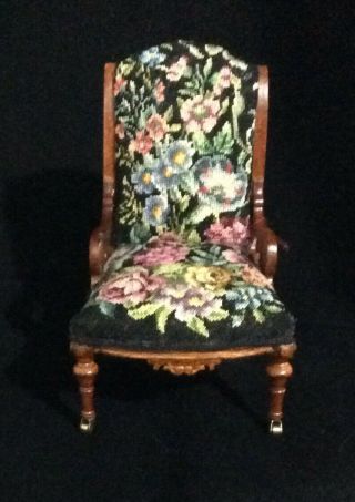 Jmb Miniature Dollhouse Arm Chair With Antique Petit Point - Needlepoint.