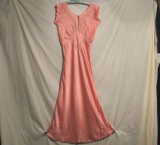 Antique Art Deco Era Bias Cut Silk Nightgown With Lace Trim - Size Sm