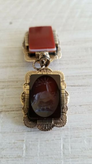 10 Kt.  Gold Victorian Antique Double Sided Locket Watch Fob Carved Elk