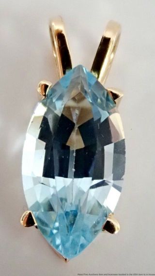 Vintage 14k Yellow Gold Large Natural Sky Blue Topaz Marquise Solitaire Pendant
