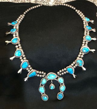 Large Vintage Sterling Silver & Gem Turquoise Squash Blossom Necklace