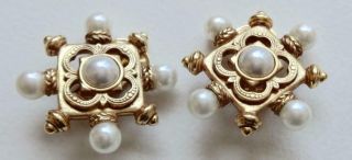 Ben Amun Vintage Earrings Pearl & Gold Filigree Maltese Cross Haute Couture