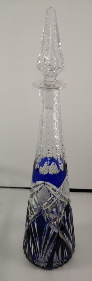 Vintage Cobalt Blue Cut To Clear Crystal Decanter With Stopper