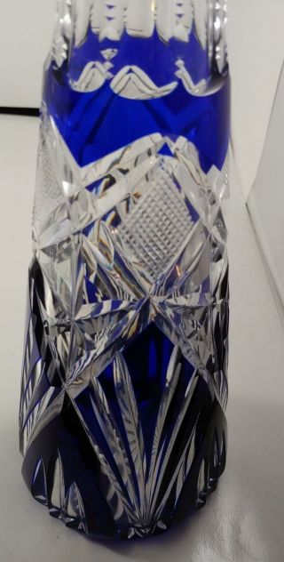 VINTAGE COBALT BLUE CUT TO CLEAR CRYSTAL DECANTER WITH STOPPER 4
