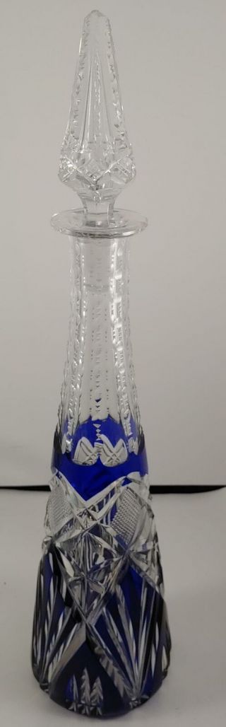 VINTAGE COBALT BLUE CUT TO CLEAR CRYSTAL DECANTER WITH STOPPER 5