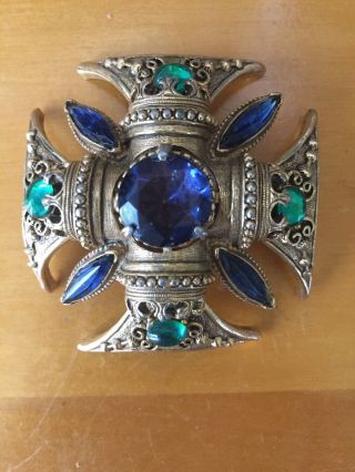 Vintage Signed Florenza Maltese Cross Pin Brooch Pendant Blue & Green Stones