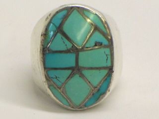 Vintage Large Heavy Native American Sterling Silver Inlay Turquoise Ring SZ 9.  5 2