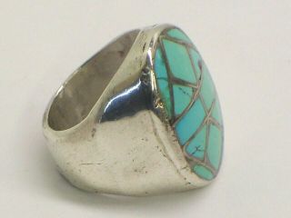 Vintage Large Heavy Native American Sterling Silver Inlay Turquoise Ring SZ 9.  5 4