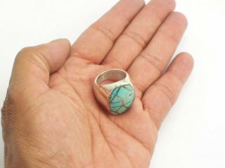 Vintage Large Heavy Native American Sterling Silver Inlay Turquoise Ring SZ 9.  5 7