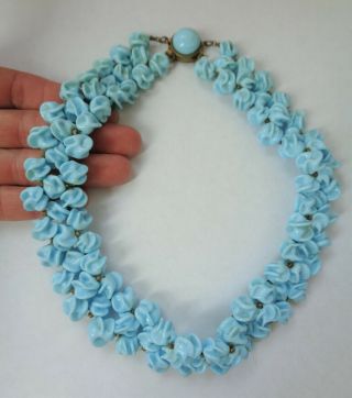 Vintage Czech Molded Swirl Blue Art Glass Wide Bead Necklace