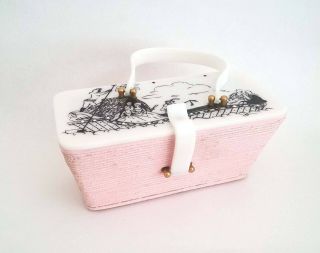 Vintage Suki Originals Basket Purse With Hand Painted Lucite Rhinestone Lid