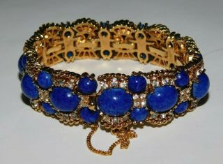Vintage Panetta Wide Clear Rhinestone Blue Lapis Gold Plated Bracelet