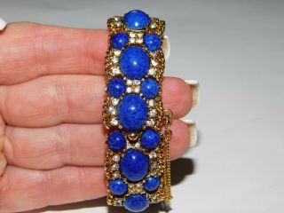 VINTAGE PANETTA WIDE CLEAR RHINESTONE BLUE LAPIS GOLD PLATED BRACELET 2