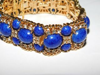 VINTAGE PANETTA WIDE CLEAR RHINESTONE BLUE LAPIS GOLD PLATED BRACELET 3