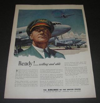 Print Ad 1943 Aviation Airlines Of United States Wwll Art Willing Bingham Pilot