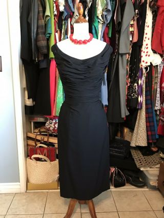 Vintage 1940s Black Rayon Crepe Off The Shoulder Pinup Girl Clothing Dress