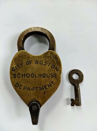 City Of Boston Schoolhouse Key Antique Vintage Padlock Brass Rail Road Puzzle
