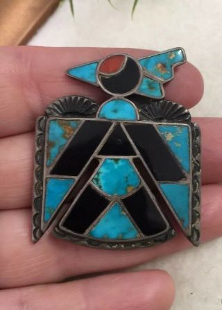 60s Old Pawn Vintage Zuni Thunderbird Turquoise Inlay Handmade Sterling Bolo Tie
