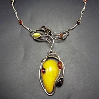 Reserved For Ball0n: Vintage Sterling Silver Amber Art Nouveau Necklace