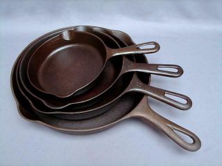 Vtg Griswold Small Logo Cast Iron Skillet Set 3,  5,  6,  And 8 Restored Vgc