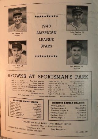 RARE 1940 Major League Baseball All - Star Game Program Sportsmans Park 4