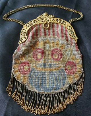 Made In France Antique Beaded Evening Bag W/fringe,  Metal Frame,  Chain Handle