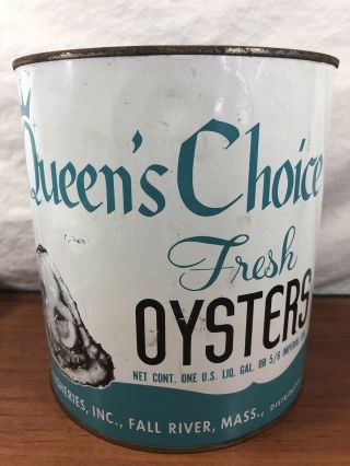 Vintage Antique Queen’s Choice Oysters Old Advertising Tin Can Falls River,  Ma.