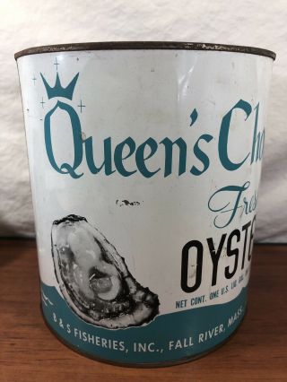 Vintage Antique Queen’s Choice Oysters Old Advertising Tin Can Falls River,  MA. 2