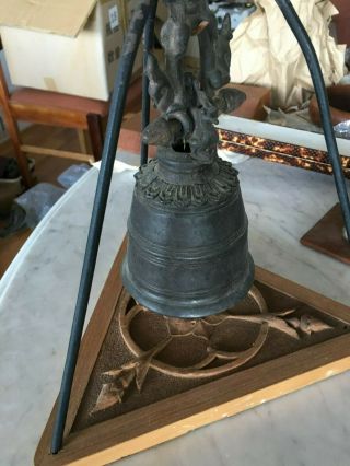 Antique Vintage Burmese Bronze Bell On Carved Wooden Stand