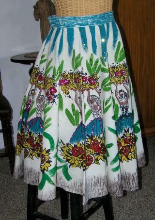 Vintage 50s Style Circle Skirt 50s Mexican Sequin Novelty Print Cotton Skirt M