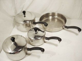 7 Pc Vtg Farberware Pot Pan Set Lids Stainless Steel Alum Clad Cookware Skillet