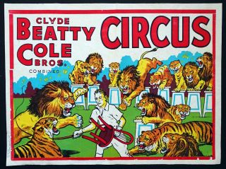 Beatty Cole Circus Vintage Big Cat Tiger & Lion Tamer Lithograph Poster
