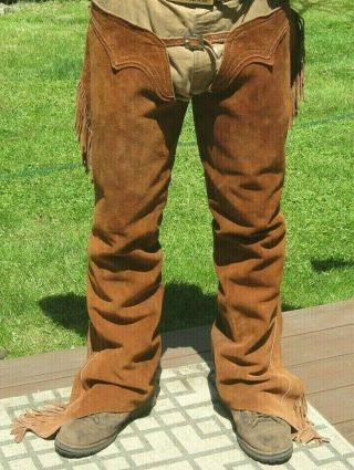 Vintage Western Tan Suede Leather Fringed Horse Riding Chaps Men 