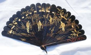 Antique Chinese Lacquer Black & Gilt Hand Painted Wood Brise Fan